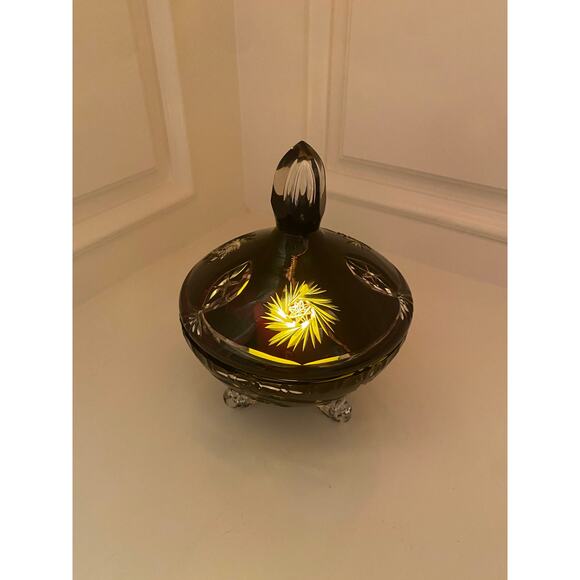 Antique Bohemian Amethyst Cut To Clear Crystal Footed Candy Dish Bowl with Lid - Picture 10 of 14